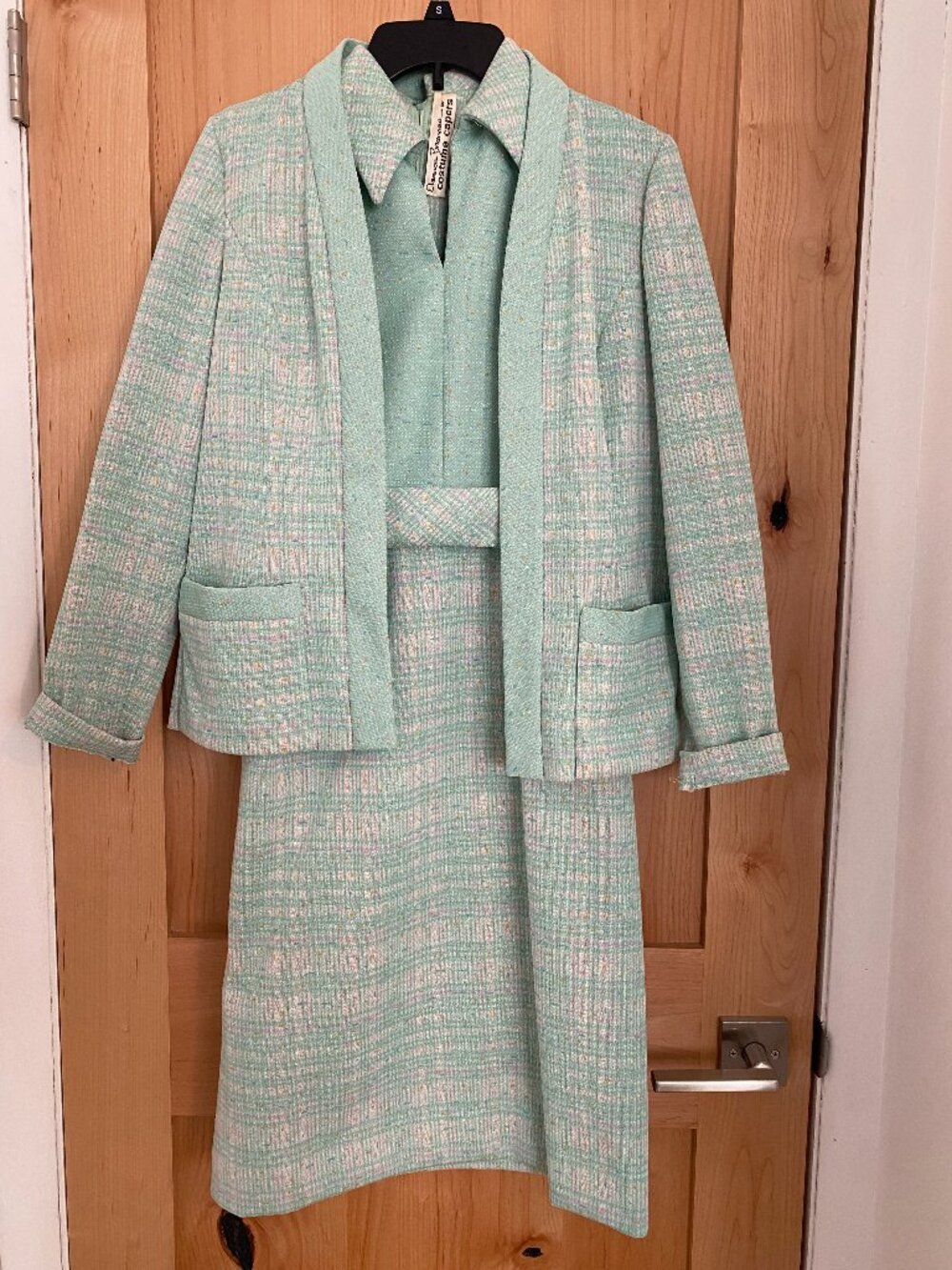 Vintage 60s Mod Sea Foam Green Plaid Dress Blazer Suit by Eleanor Brenner Medium